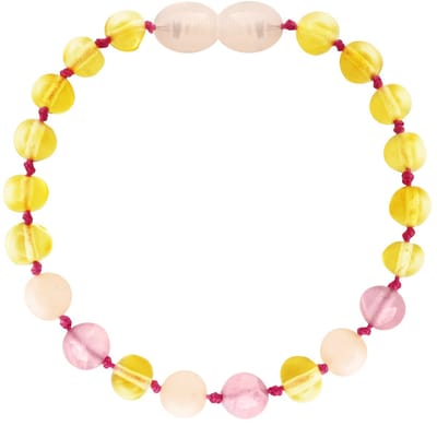 Wild Sun Barnsteen Armband Baby / Peuter - Amber Enkelbandje - Baltische Barnsteen – Pijnstillend bij Doorkomende Tanden - 14 cm – Lemon / Rose Quartz / Pink Jade