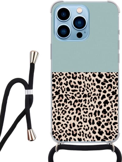 Hoesje met koord - Geschikt voor iPhone 13 Pro - Luipaard mint - Verstelbaar zwart koord - Transparant, Blauw - Luipaardprint - Leuke Telefoonhoesjes
