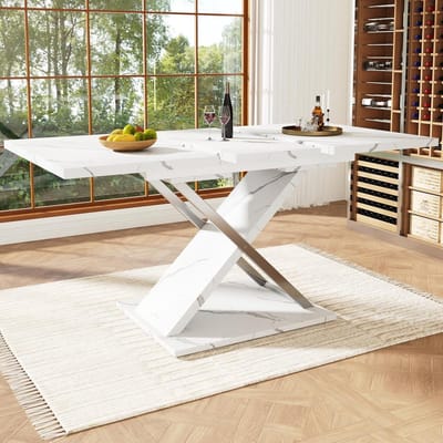Uittrekbare Eettafel - Telescopische Tafel - Eten en Werken - Marmerlook Kruispoot - 118-157 cm - Wit