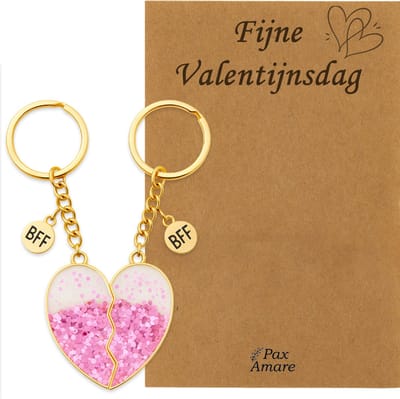 Koppel Sleutelhanger voor 2 'Fijne Valentijnsdag' - Roze Glitter Hartje - Sleutelhanger set op Cadeau Kaartje - Goudkleurig - Vriendschap of Relatie Symbool - Pax Amare