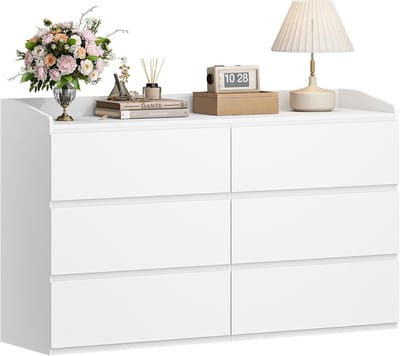 HOMESY Chest of Drawers, Dresser with 6 Drawers, Side Cabinet with Work Surface, Locker with Top Railing, Modern Style, Suitable for Living Room and Bedroom, 40 x 138 x 84 cm, White