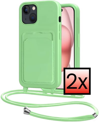 Hoes Geschikt voor iPhone 15 Plus Hoesje Pasjeshouder Cover Met Koord Case Siliconen Hoes Met Telefoonkoord en Kaarthouder - Groen - 2 PACK