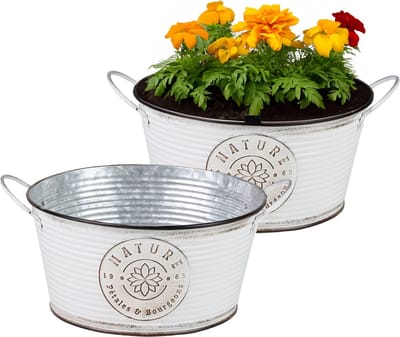 Sunnydays Teil/plantenpot/bloempot - 2x - zink - rond - ivoorwit - D25 x H12 cm