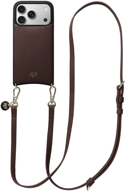 AVY Leren Hoesje Geschikt voor Apple iPhone 17 Pro | Compatibel met MagSafe | Leather Case met Telefoonkoord | Crossbody | Chocolate | Long Leather