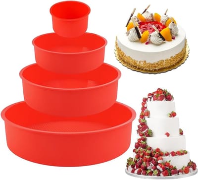 4-delige siliconen bakvormenset - Ronde antiaanbakvormen - Bakvormen van 4, 6, 8 en 10 inch - Bakvormen voor cheesecake, regenboogcake en chiffoncake - Rood