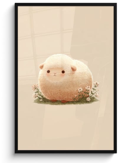 Poster in lijst - Fotolijst 80x120 cm - Posters - Schaap - Beige - Bloemen - Posterlijst zwart - Decoratie - Wanddecoratie woonkamer - Muurdecoratie slaapkamer
