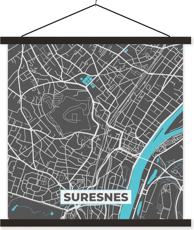 Posterhanger incl. Poster 60x60 cm - Schoolplaat - Suresnes - Frankrijk - Plattegrond - Stadskaart - Kaart - Textielposter - Zwarte latten - Stadskaart