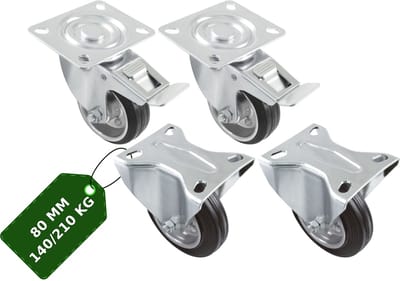 AMIG Meubelwielen 80mm Set van 4 Rem+Bok - 210kg Rubber Rollager Zwart