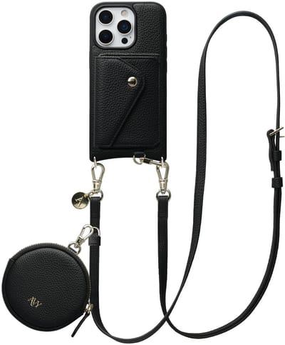 AVY Leren Hoesje geschikt voor Apple iPhone 16 Pro Max | Met Koord, Wallet en Pouch | Compatibel met MagSafe | Leather Case met 130CM Koord | Long Leather | Zwart