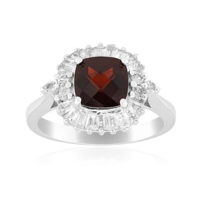 Cavill - Zilveren Ring 925 Sterling Zilver - 1,6 ct Zambia Granaat & Witte Topaas - Antieke Kussenslijping - Elegant Handgemaakt - 25x21 mm