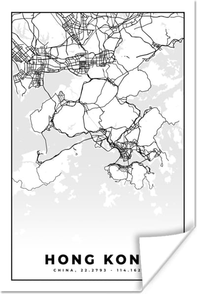 Poster Kaart - Hong Kong - Zwart Wit - Stadskaart - Plattegrond - 120x180 cm XXL