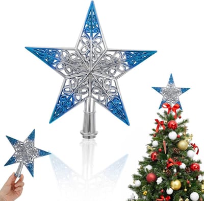 Decoratieve Ster Ornament voor Kerstboom - 20cm Blauw met Holle Ster - Perfecte Kerstversiering in Zilveren Blauwtinten