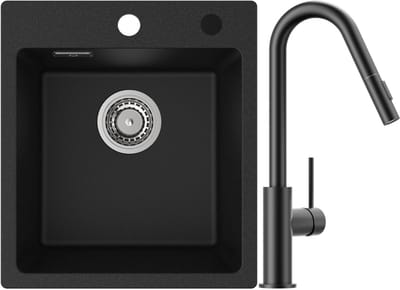 CECIPA max Spoelbak Antraciet 40x45CM - Granieten Spoelbakken Keuken Met V-Uitloop Keukenkraan - Spoelbakken met Kraangat - Enkele Spoelbak - Spoelbakken Incl. Sifon en Afvoerzeefje