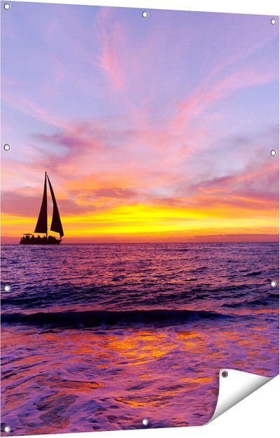 Gards Tuinposter Zeilboot Silhouet bij Zonsondergang - 90x120 cm - Tuindoek - Tuindecoratie - Wanddecoratie buiten - Tuinschilderij