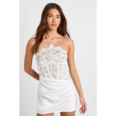 boohoo Dames Halter Kanten Korset Drape Rok Mini Jurk | Wit | Maat: 42