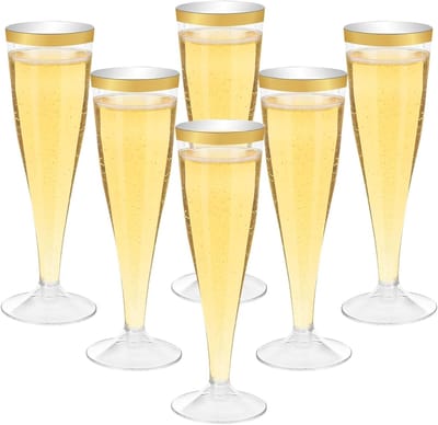 30 Herbruikbare Champagneglazen met Gouden Rand, Elegante Fluiten voor Bruiloften, Feestjes en Picknicks - Perfect voor Verjaardagen en Tuinfeesten, 130 ml