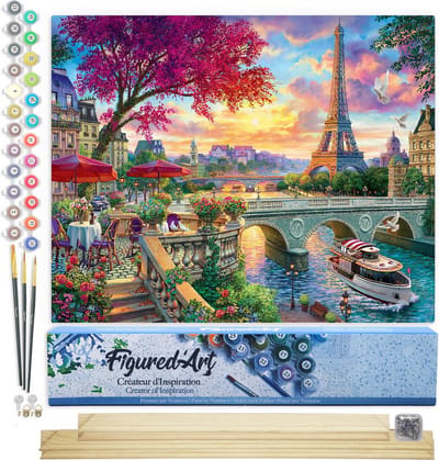 Figured'Art Schilderen op Nummer Volwassenen canvas Diner aan de oevers van de Seine - Handwerk acrylverf Kit DIY Compleet - 40x50cm met DIY houten lijst