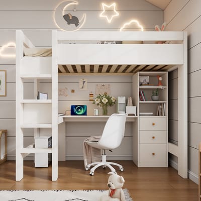 Sweiko Hoogslaper - 90×200 cm - met Bureau + Boekenrek - 3 Lades - USB/Type-C - Wit