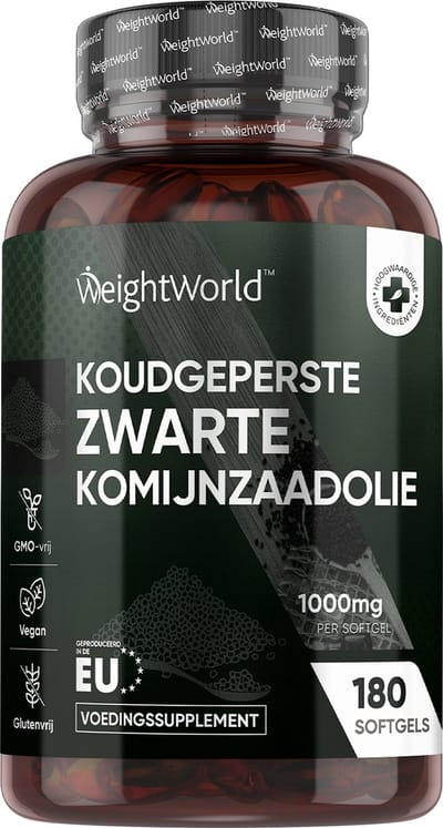 WeightWorld Black Seed Oil capsules - Koudgeperst - 180 zwarte komijnzaad olie softgels voor 6 maanden - Natuurlijke bron van omega vetzuren - Vegan
