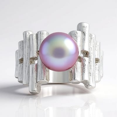 Cavill - Paarse Ming Parel Ring - 925 Sterling Zilver Gerhodineerd - 8 mm Ronde Parel - Elegant Golvend Design met Bamboemotief - Moderne Damesring