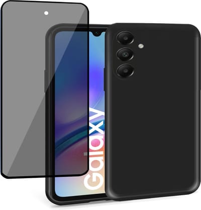 Geschikt voor Samsung Galaxy A15 - Hoesje + Privacy Screenprotector – Privé Gehard Glas Cover - Suède Case Zwart