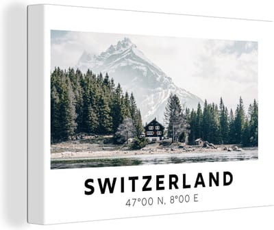 Canvas Schilderij Zwitserland - Berg - Chalet - Groen - 30x20 cm - Wanddecoratie