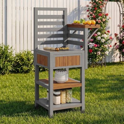 Tuinkast Hout - Buitenkast Opslag - Tuinieren Organiseren - Roestvrij Stalen Werkblad - 74 x 54 x 149 cm - Natuurhoutkleur
