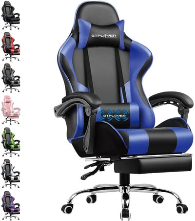 GTPLAYER Gamingstoel Ergonomische met Volledige Ondersteuning voor Hoofd, Lenden en Voeten, PU-Blauw