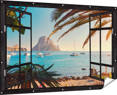Gards Tuinposter Doorkijk Ibiza Cala d'Hort Strand - 180x120 cm - Tuindoek - Tuindecoratie - Wanddecoratie buiten - Tuinschilderij