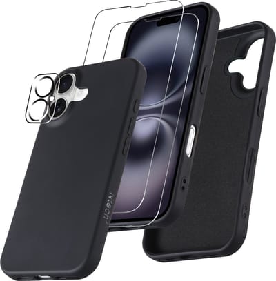 Hoesje Geschikt voor iPhone 16 Plus – Zacht siliconen liquid backcover met 2x screenprotectors gehard glas en 1x lens protector – Zwart