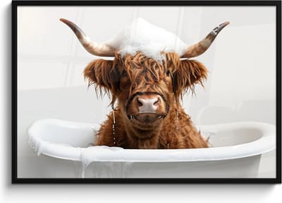 Poster in lijst - Fotolijst 120x80 cm - Posters - Schotse Hooglander - Bad - Koe - Dieren - Schuim - Posterlijst zwart - Wanddecoratie badkamer - Muurdecoratie WC - Decoratieve accessoires - Toilet muur decoratie