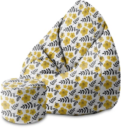 DreamRoots Velvet Zitzak voor Volwassenen – Luxe Beanbag met Voetsteun en Afneembare Hoes – Inclusief Vulling – 80x80x120 cm - Painted Yellow Flowers