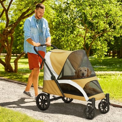 Wishdor Hondenbuggy - Opvouwbaar Met 4 Wielen En Voetrem - Voor Uitstapjes In Het Park - Polyester - Bruin - Tot 30 Kg En 68 Cm