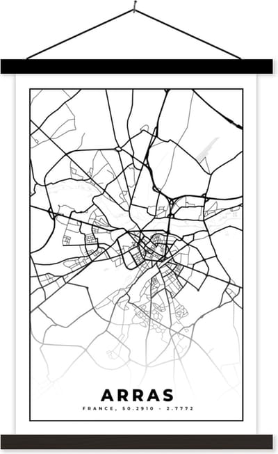 Posterhanger incl. Poster 40x60 cm - Schoolplaat - Arras - Stadskaart – Frankrijk – Kaart – Plattegrond - Zwart wit - Textielposter - Zwarte latten - Stadskaart