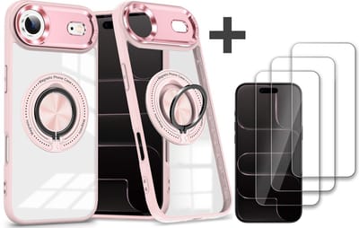 Hoesje Geschikt voor iPhone 17 Air Arara hoesje voor Magsafe Transparant hard case - kickstand Draaibare Ring Houder met 3 stuks screenprotectors - Rosegoud