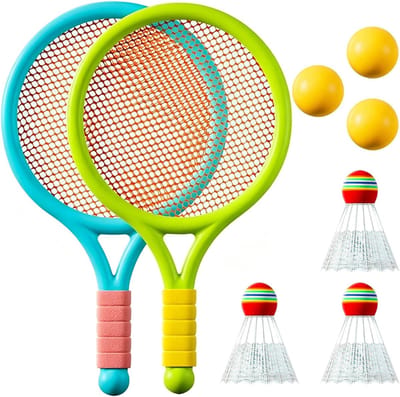 Tennisracketset voor kinderen met 2 rackets, 3 tennisballen en 3 badmintonballen voor sportplezier buiten en binnen