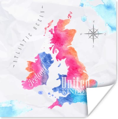 Poster 30x30 cm - Engeland - Wereldkaart - Kleuren - Posters - Kamer decoratie - Wanddecoratie woonkamer - Muurdecoratie slaapkamer