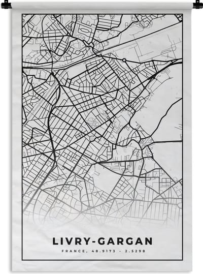 Wandkleed - Wanddoek - Livry-Gargan - Stadskaart - Frankrijk - Kaart - Plattegrond - Zwart wit - 120x180 cm - Wandtapijt