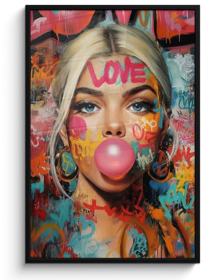 Poster in lijst - Fotolijst 80x120 cm - Posters - Vrouw - Kauwgom - Graffiti - Love - Posterlijst zwart - Decoratie - Wanddecoratie woonkamer - Muurdecoratie slaapkamer
