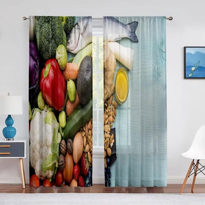 2 panelen Gordijnen met groente- en fruitprint Geschikt voor Keukengordijnen verduisterend 75% 100W130H(CM)40x51in&Grommet Top