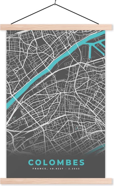 Posterhanger incl. Poster 40x60 cm - Schoolplaat - Colombes - Kaart - Stadskaart - Plattegrond - Frankrijk - Textielposter - Blanke latten - Stadskaart