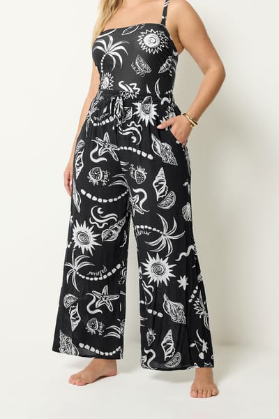 Yours Zwarte Broek Van Kreukelstof Met Wijde Pijpen En Zomerprint Size 42-44