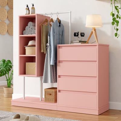 MODENUIT Opbergkast - 4 Lades, 3 Open Vakken En Kledingroede - Voor Slaapkamer En Hal - Roze Wit - 100x40x135 Cm
