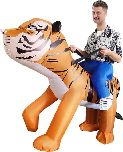 KIMU® Opblaas Kostuum Zittend Op Siberische Tijger - Opblaasbaar Pak - Tijgerpak Mascotte Opblaaspak - Opblaasbare Leeuw Safari Dames Heren Festival