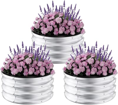 Set van 3 ronde, verhoogde plantenbakken van gegalvaniseerd staal, 60×60×28 cm, bodemloze, roestbestendige metalen moestuinbak, buitenkweekset voor groenten, bloemen en kruiden, zwart en originele kleur.