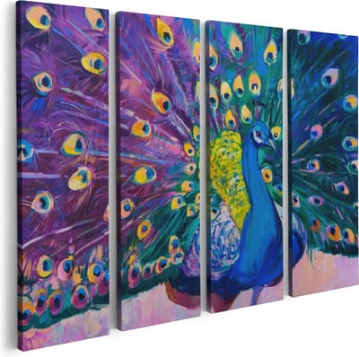 Artaza Canvas Schilderij Vierluik Pauw Met Kleurrijke Veren Van Olieverf - Abstract - 80x60 - Foto Op Canvas - Canvas Print