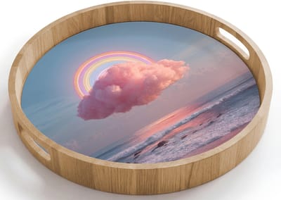 Dienblad rond 40x40 cm - Schootdienblad hout - Wolk - Regenboog - Zee - Borrelplank rechthoek - Plateau houten dienbladen