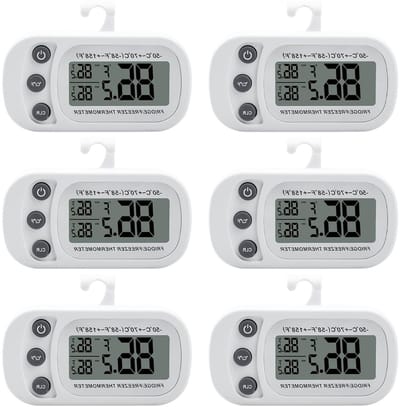 Mini Digitale Koelkastthermometer Set van 6 Stuks met Haak en Magneten, Waterdichte Thermometer voor Koelkast en Vriezer, LCD Display voor Keukengebruik