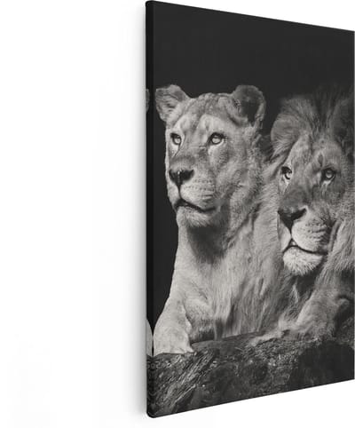 Artaza Canvas Schilderij Leeuw - 80x120 cm - Groot - Wanddecoratie Leeuw En Leeuwin - Muurdecoratie Zwart Wit - Schilderijen Op Canvas Dieren