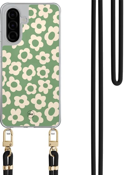 Telefoonhoesje met koord geschikt voor Samsung A56 - Retro cute flowers - Inclusief Zwart koord - Transparant, Groen - Bloemen - Crossbody beschermhoes - Met Telefoonketting